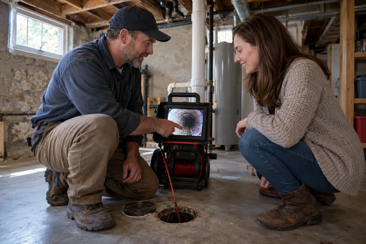 Plumbing provider showing a homeowner a sewer camera screen in a basement near Wixom